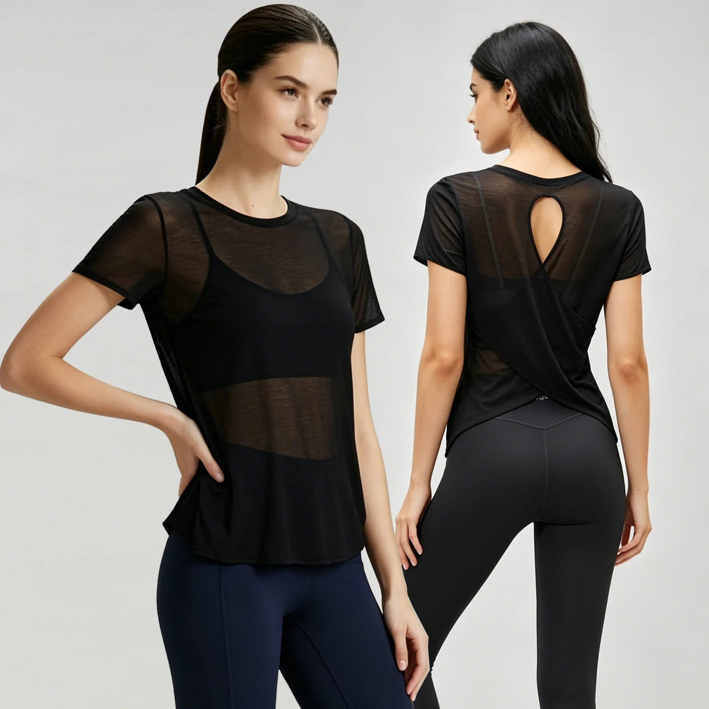 Women See‑Through Mesh Yoga Top Back Hollow Twist Short Sleeve Sports T‑Shirt Breathable Gym Fitness Workout Running Athletic Te