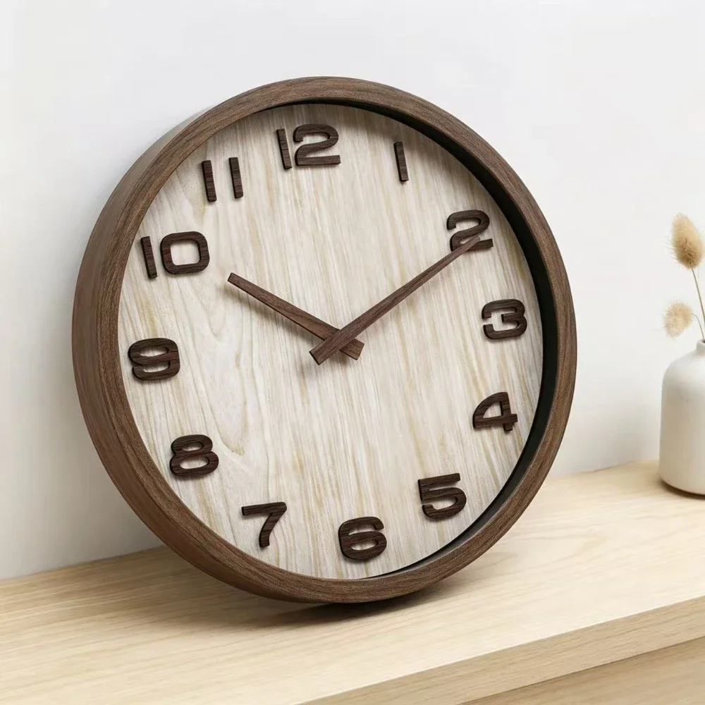 Imitation Wood Grain Wall Clock 12 Inch 3D Stereoscopic Digital Wall Clock Wooden Pointer Home Decoration Living Room Wall Watch