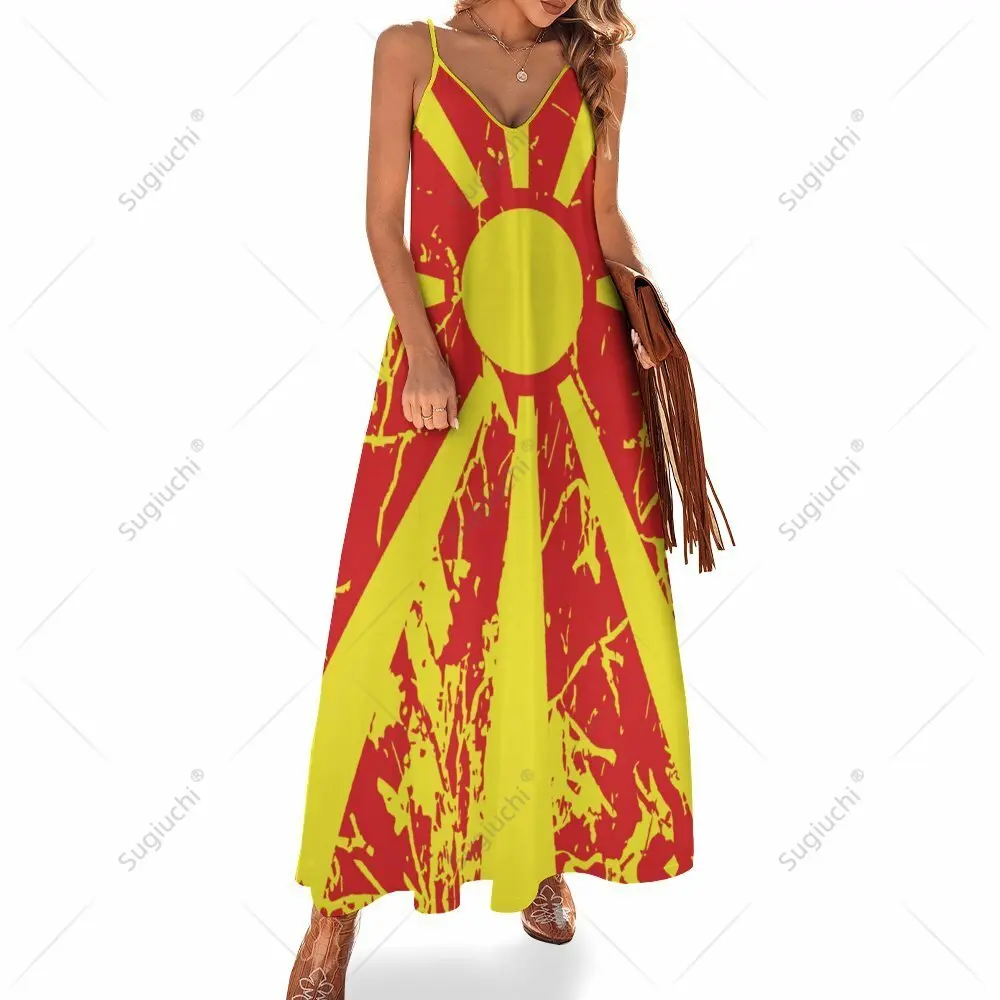 Long Dresses Dress North Macedonia Flag Print New Casual Sleeveless Women's V-Neck Printed Dress Swing Retro Dresses