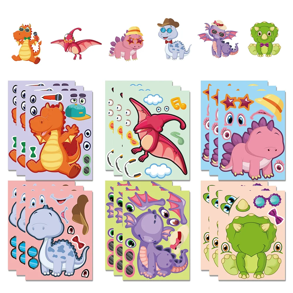 

6/12sheets Cartoon Dinosaur Make A Face Puzzle Stickers PVC Material Children's Educational Toys Waterproof Daily Party Stickers