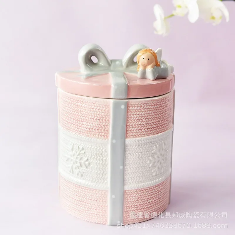 American Angel Pink Embossed Ceramic Airtight Jar Wedding Holiday Decorations Ceramic Storage Bottle Home Storage Decorations