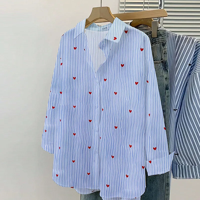 

Simple Striped Long-sleeved Shirt for Women's Autumn Commuting Style Blue Single-breasted Shirt Versatile Cardigan