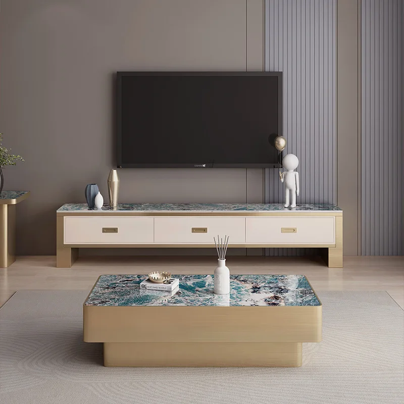 Living room high-end coffee table TV cabinet combination small apartment multi-functional storage stainless steel light luxury