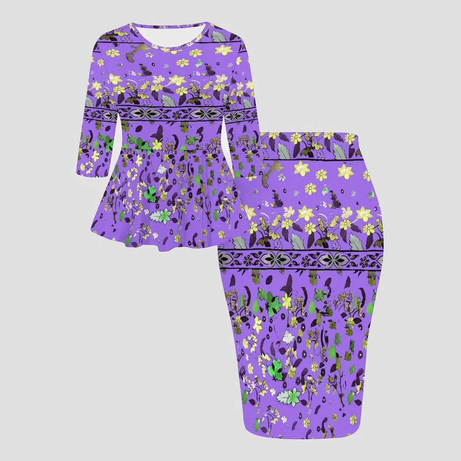 Autumnand Winter Crew Neckthree-quarter Sleeve  Ladies Tight-fitting Knee-length SkirtRetro Elegant Printed Party Two-piece Set