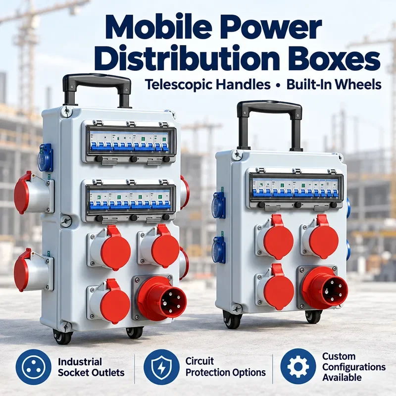 Portable Industrial Socket Distribution Box with Telescopic Handle and Wheels, PC Enclosure, 63A Input, 16A/32A Outlets