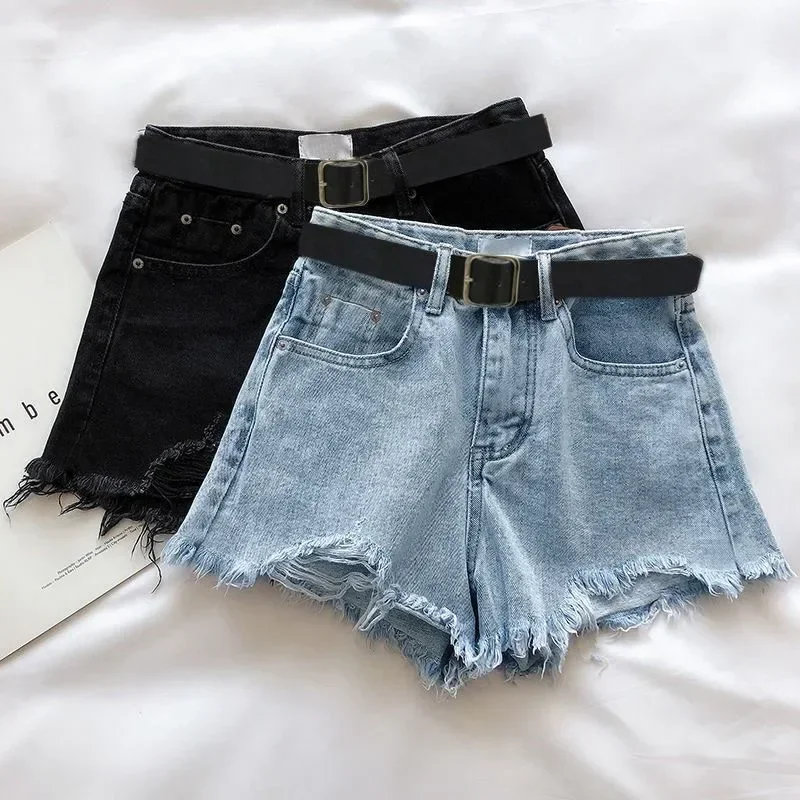 

ITOOLIN Women High Street Denim Shorts With Belt Casual High Waist A-line Jean Shorts Women Office Trousers Summer Streetwear