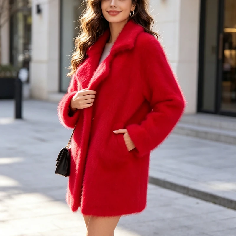 Women Mujer Fall Winter Thick Warm Hairy Mink Cashmere Knitted Suit Collar Long Sleeves Loose Cardigans Sweater Jacket Coat Pull