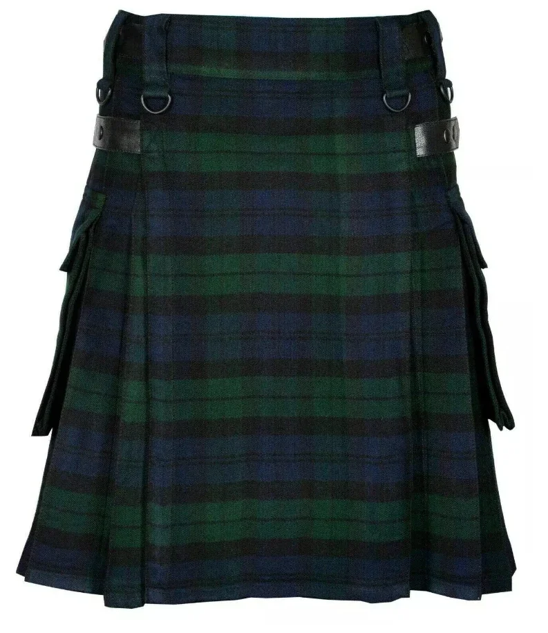 Kilt tascabile da uomo di moda di alta qualità Kilt gotico tinta unita Kilt cargo guerriero vintage Gonna a pieghe con cintura in metallo