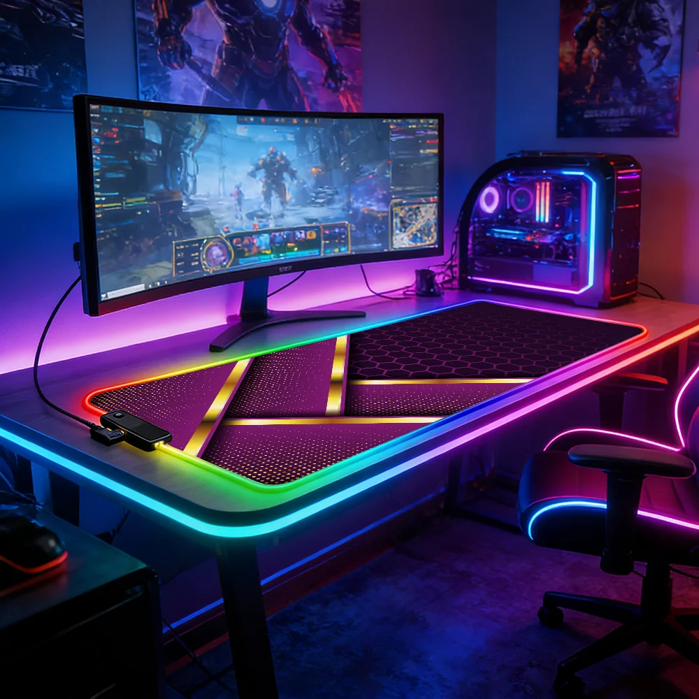 LED Lighting RGB Mouse Pad E-sports Game Keyboard Pad Purple Geometric Hexagon Laptop Accessories Mousepad Gamer Deskmat Mats Pc