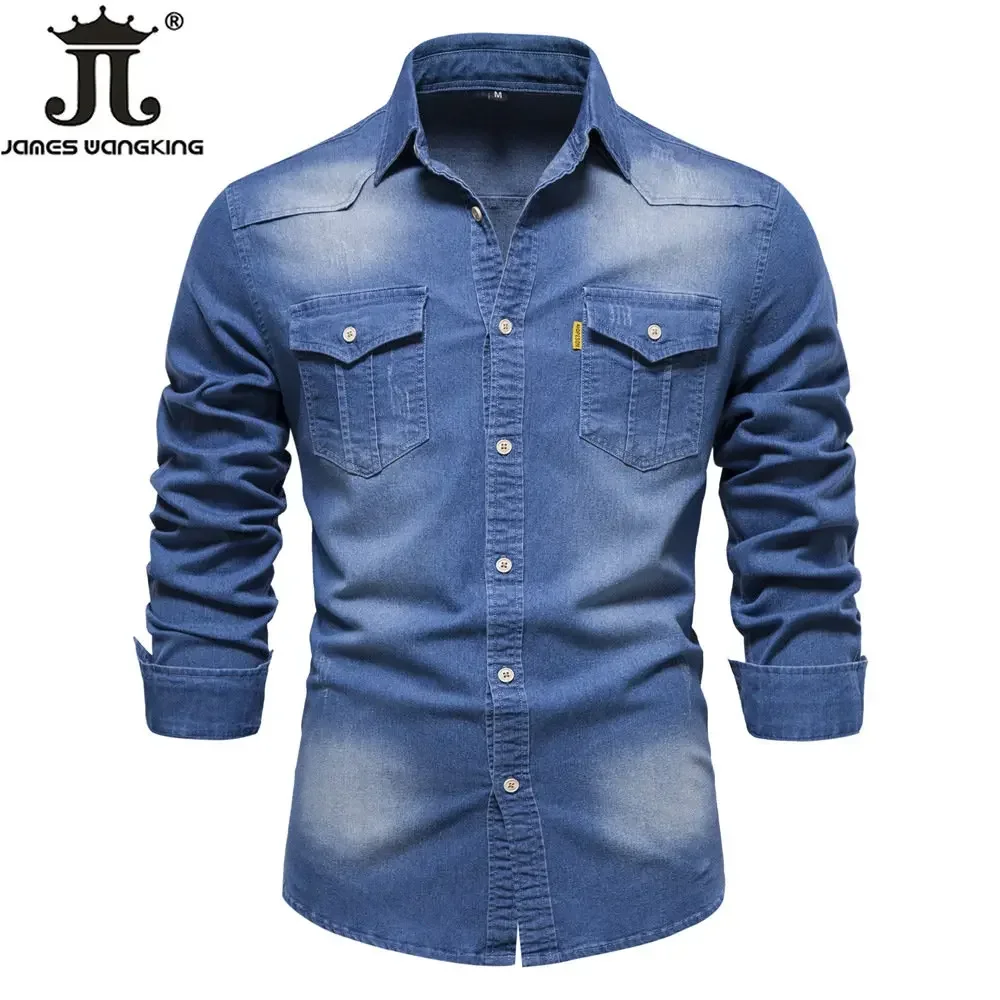 US Size S-5XL Cotton Men\'s Long-sleeved Washed Denim Shirt Casual All-match Button Solid Color outdoor Shirt Male