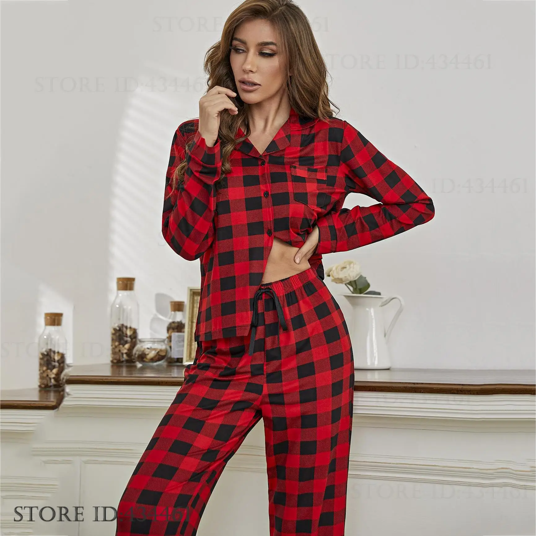

Женская одежда для сна, пижамный комплект из 2 предметов, рождественская женская домашняя одежда, брюки с длинными рукавами, пижамный костюм, свободная бордовая клетчатая пижама