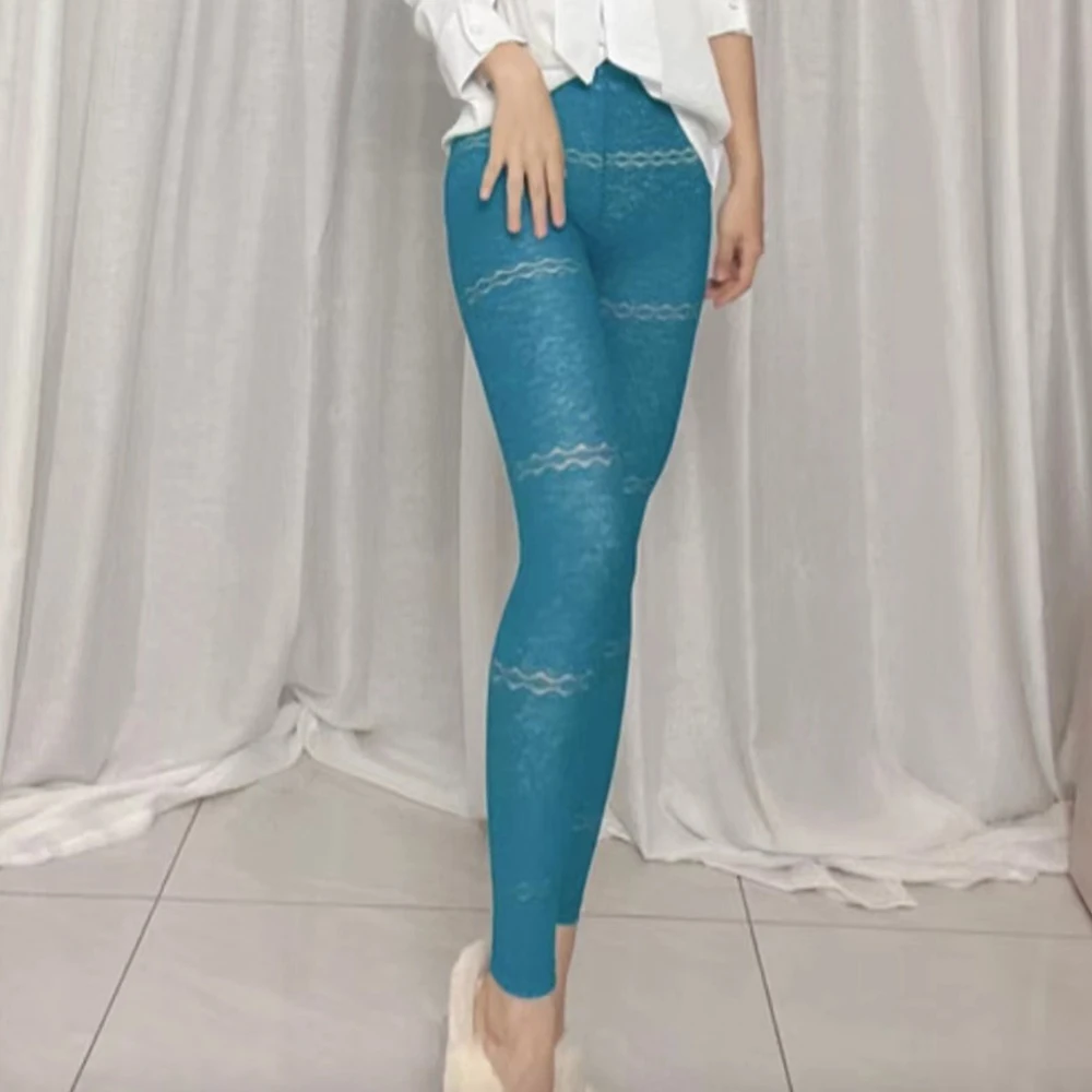 

Blue See Through Lace Thin Hollow Out High Waist Floral Elastic Sexy Leggings Stockings