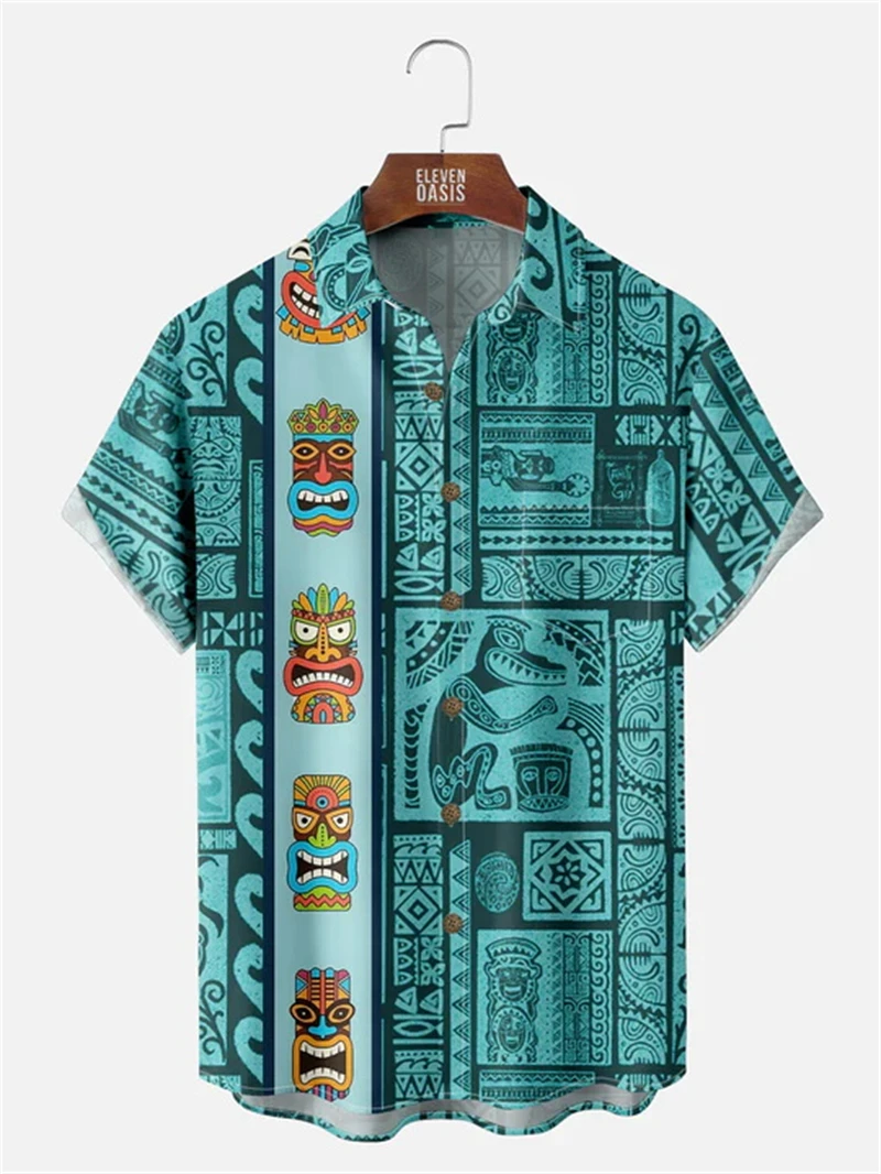 Vintage 3D Graffiti Tiki Printed Shirts For Men Children Fashion Personalitry Short Sleeve Lapel Shirt Unisex Hawaiian Blouses