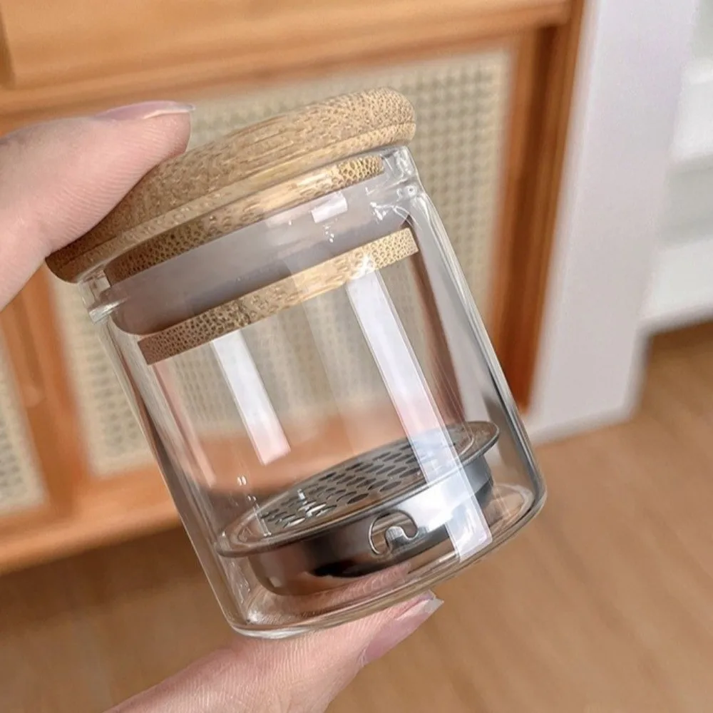 Transparent Glass Nail Brush Cleaner Cup Round Stainless Steel Mesh Nail Wash Pen Cup with Wood Lid Nail Art Brush Washer