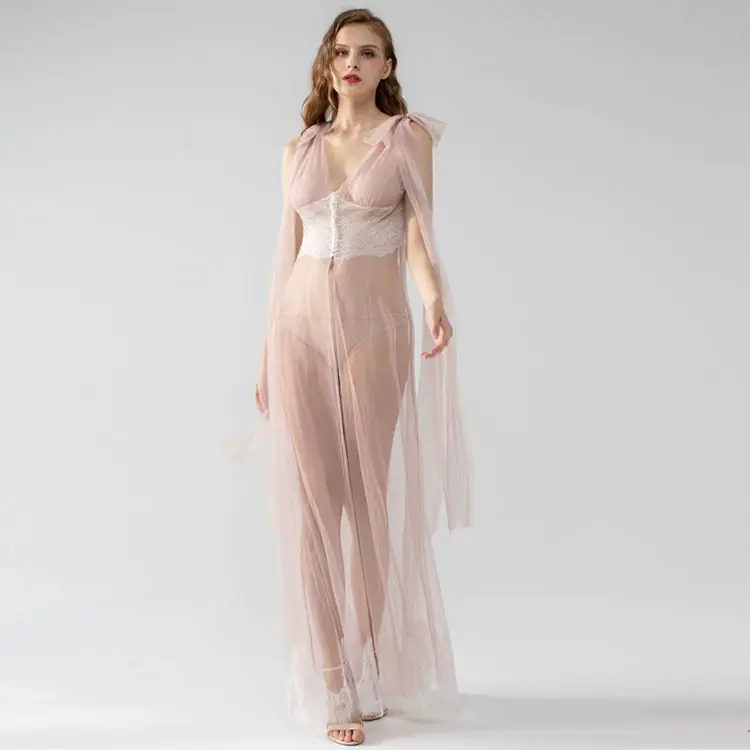 Lace mesh stitching perspective sexy pajamas women split home evening dress long pajamas dress No lining