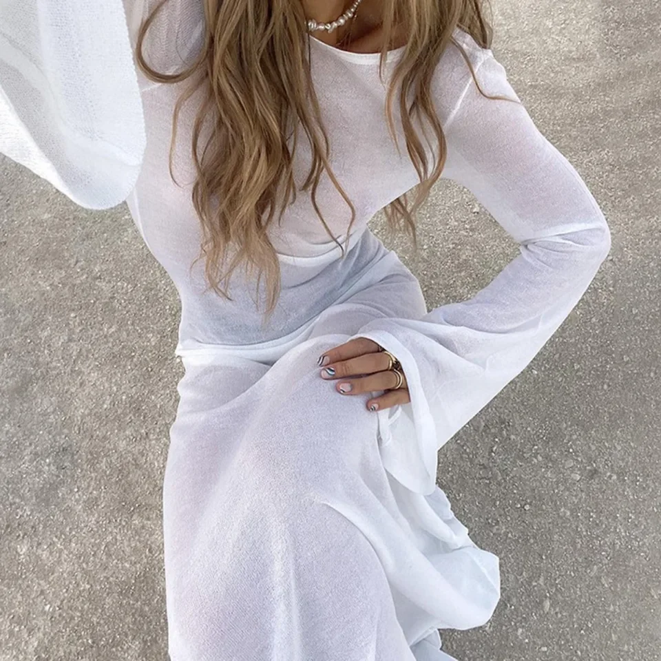 

Summer New Sexy Backless Long-sleeved Perspective Mesh Long Dress for Women