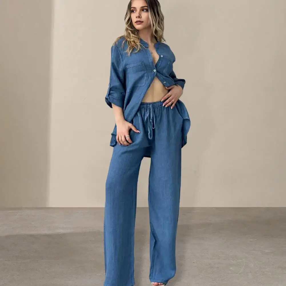 Ol Commuting Style Outfit Elegant Women's Shirt Pants Set with Stand Collar Blouse Elastic Waist Trousers Stylish for Fall