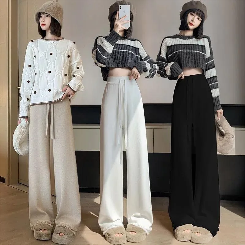 Loose Pants Women Autumn Winter 2023 Fashion Casual Drawstring Wide Leg Pants Chic High Waisted Straight Knitted Pants