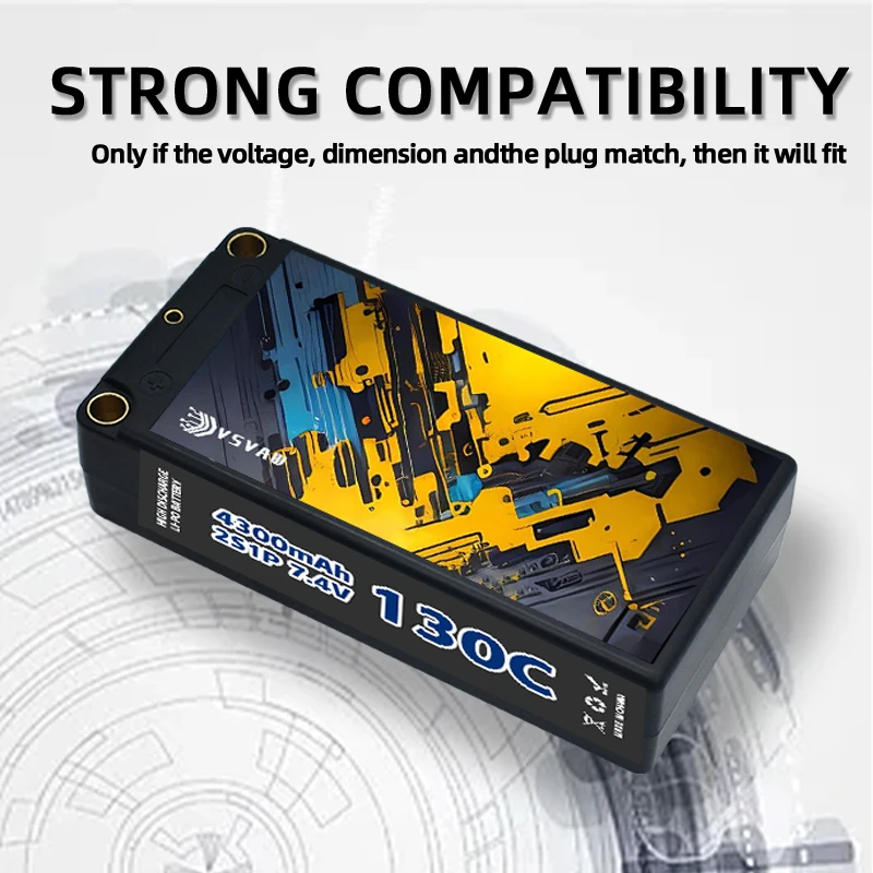 Upgraded VSVAW 2S RC Lipo Battery 7.4V 4300mAh 130C Compatible With 1/10 Drift Car Remote Control Car Hard Shell Battery