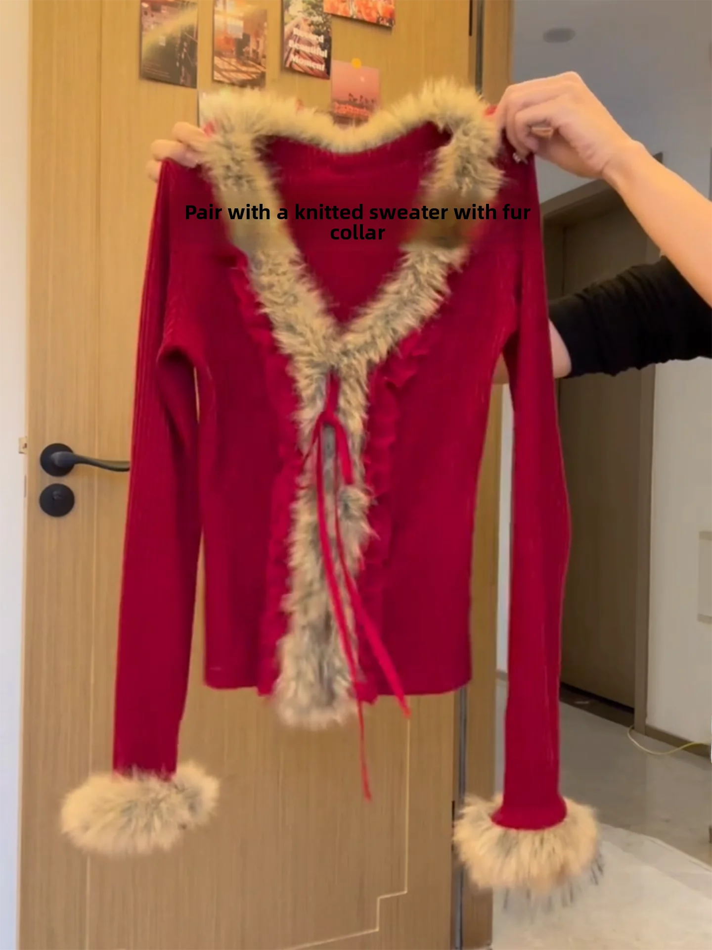 

Красный вязаный свитер с V-образным вырезом, приталенный, женский, в корейском стиле, универсальный, весенний, модный