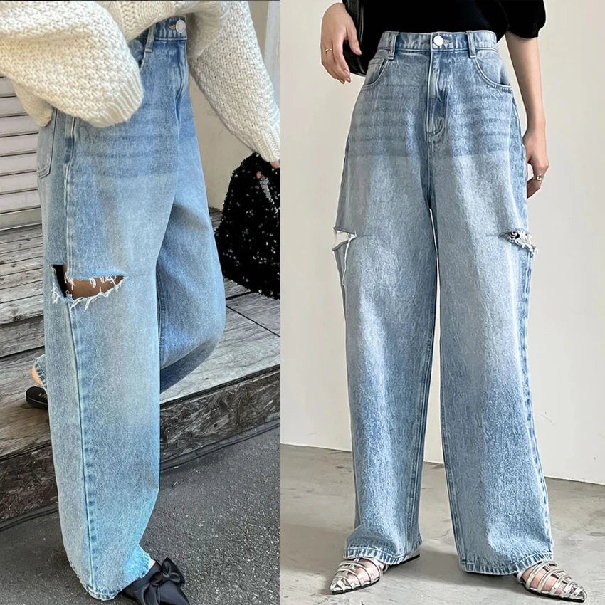 

Модные джинсы из денима с эффектом потертости, женские, свободного кроя, повседневные, с широкими штанинами, состаренные, осенние, синие джинсовые брюки