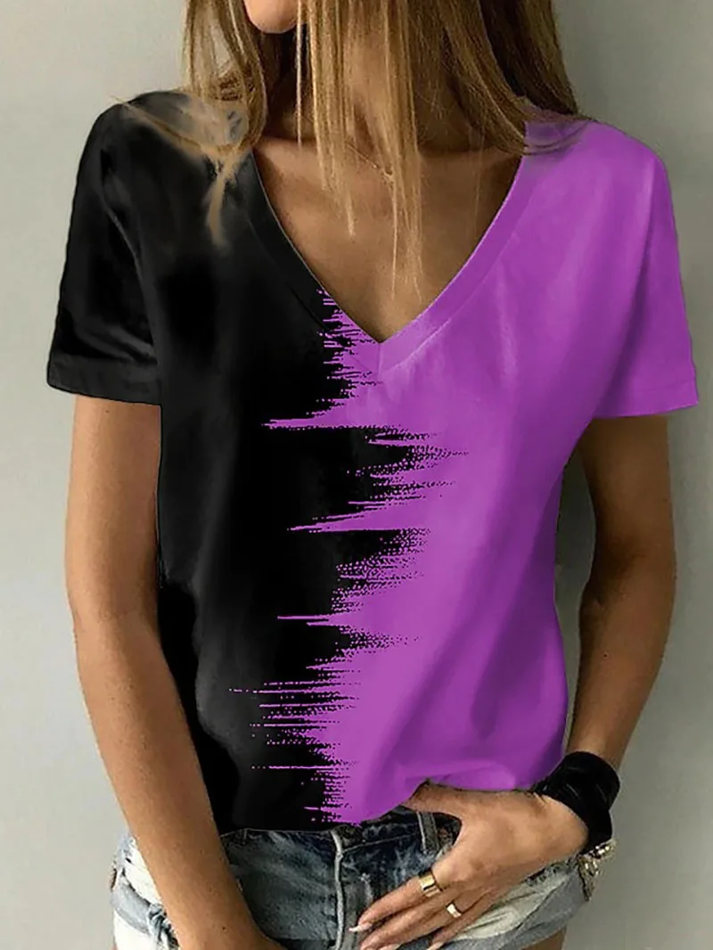 2023 Women's Clothing T-shirt Tees Green Blue Pink Short Sleeve Casual Weekend Basic V-neck Abstract 3D Painting T-shirts Tops