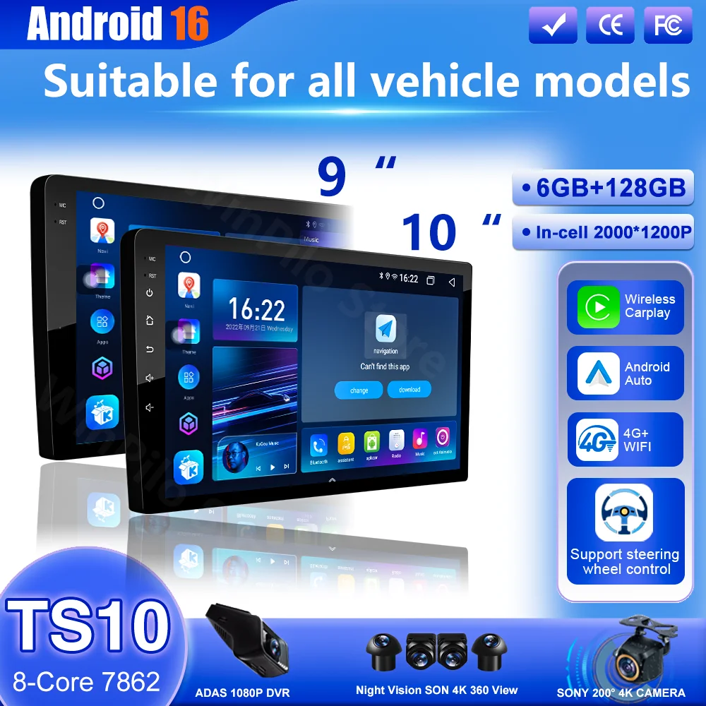 

Android 16 CarPlay car radio Android Auto GPS multimedia player 2 DIN universal 9/10 inch Car stereo WiFi player QLED Screen BT