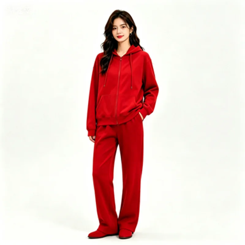 Women's New Pink Cotton Tracksuit Summer Fashion Two Piece Set with Zipper Pants And Hood Classic Red Tracksuit for Women image 4