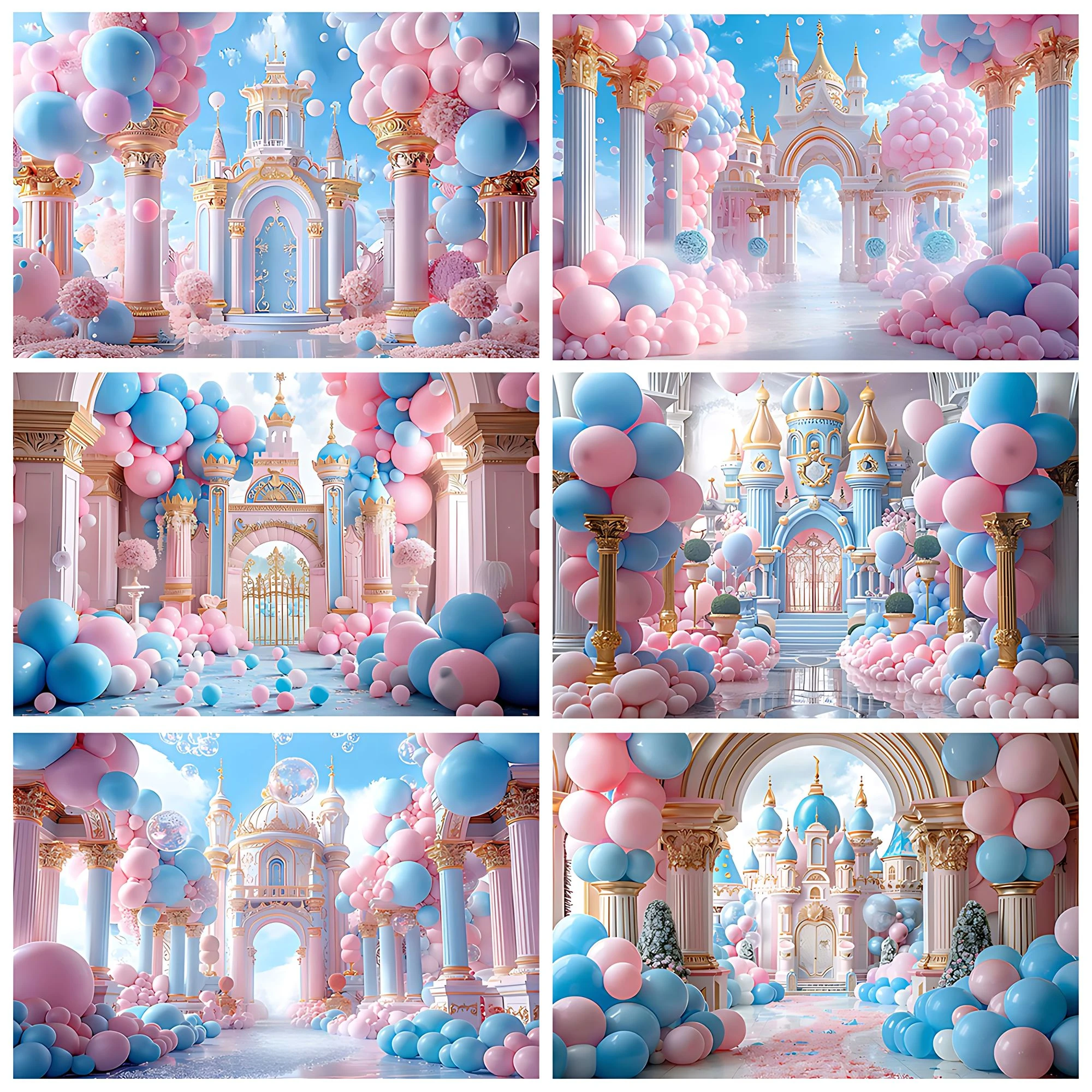 

Pink Blue Balloon Dream Castle Photography Background Sky City Clouds Palace 1th Birthday Party Decor Children Photo Studio Prop