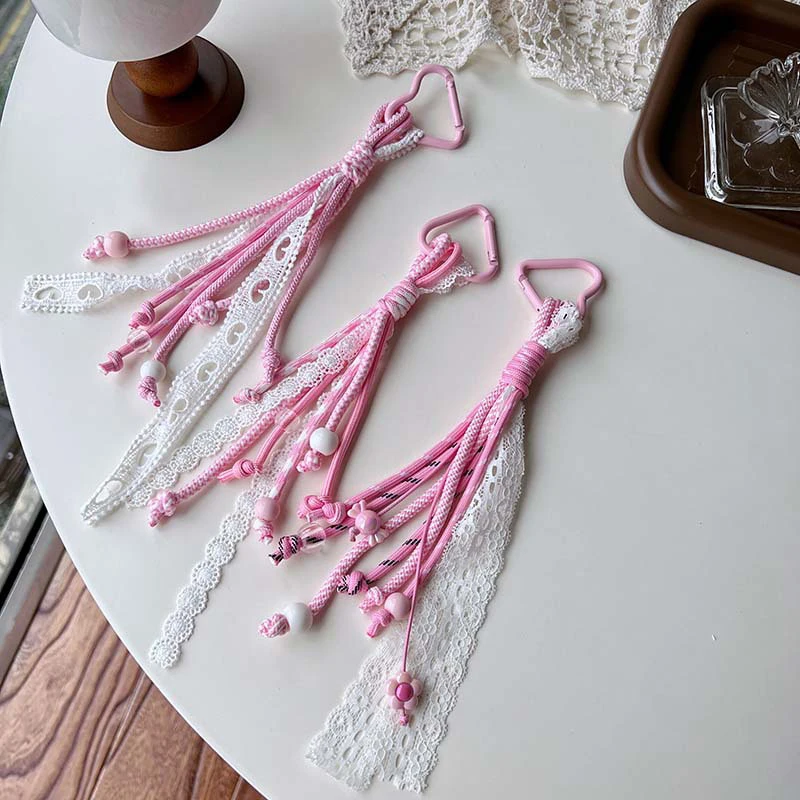 Chaveiro de renda rosa e branco, corda trançada, pingente, chaveiro, moda simples, bolsa combinando, decoração, acessórios de joias