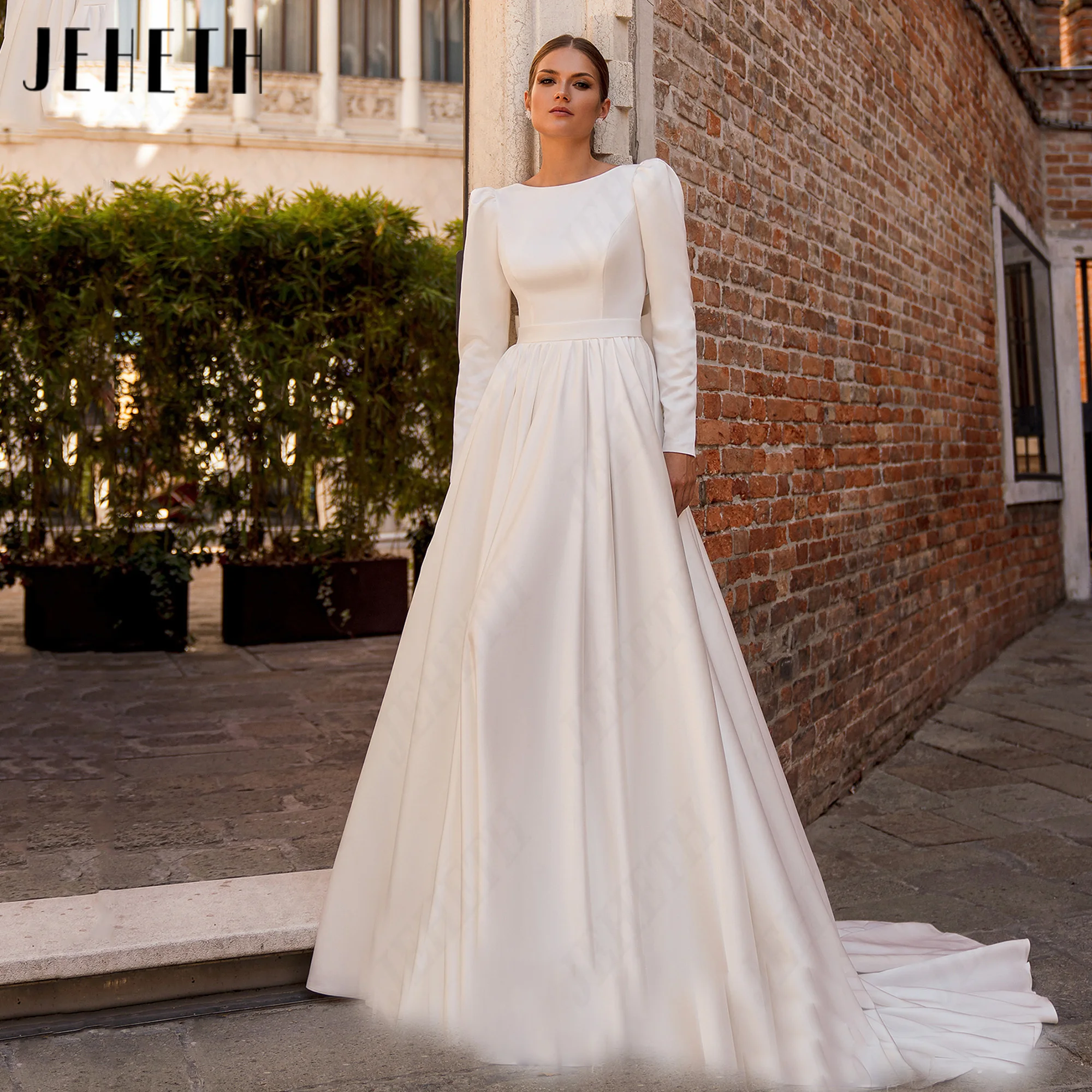 JEHETH A-Line Long Sleeves Wedding Dress Customized Satin O-Neck Bridal Dresses Bow Elegant Bride Gowns Princess Deep V Back