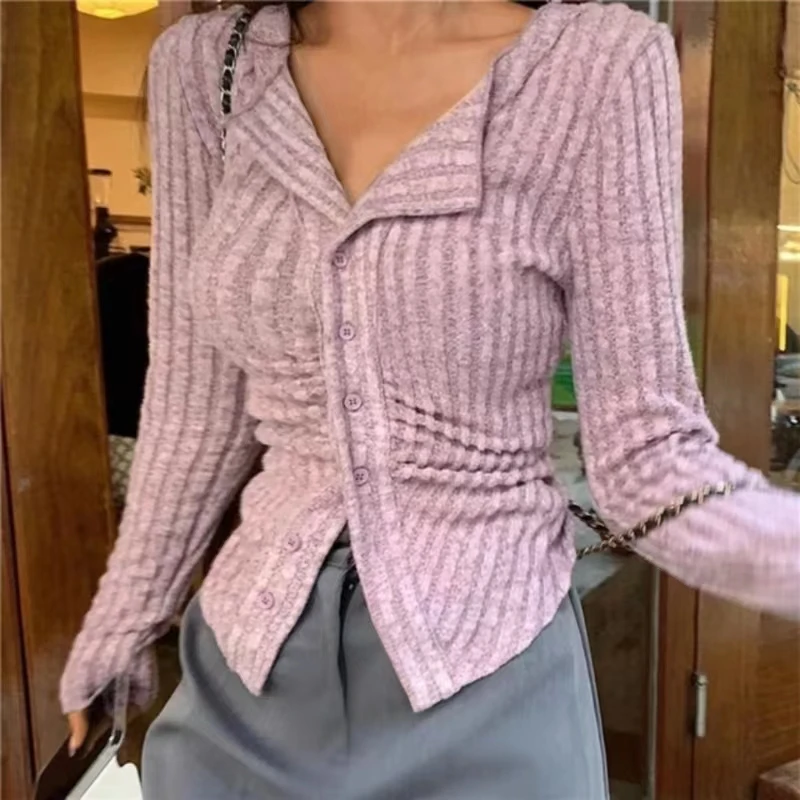 Korean Knitted Cardigan for Women, V Lapel, Long Sleeve, Knitted Jumper Collar, Vintage Sweater, Slim Coat, New Clothes, Y2k