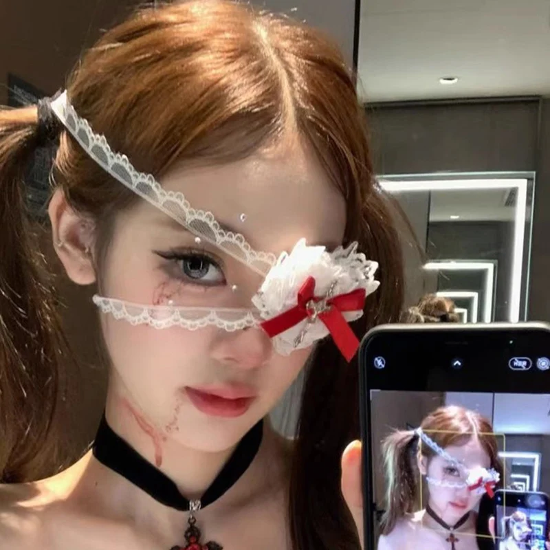 Cosplay Sweet and Cool Black White Lace Bows Cross Eye Mask Suitable for Halloween Theme Lolita Dark Gothic COS Accessories