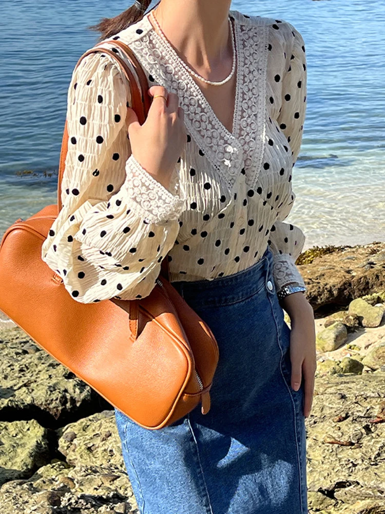 Camisa de encaje con cuello en V para mujer, camisa de lunares de estilo clásico para chica, moda que combina con todo, Tops de manga larga para vacaciones en la playa