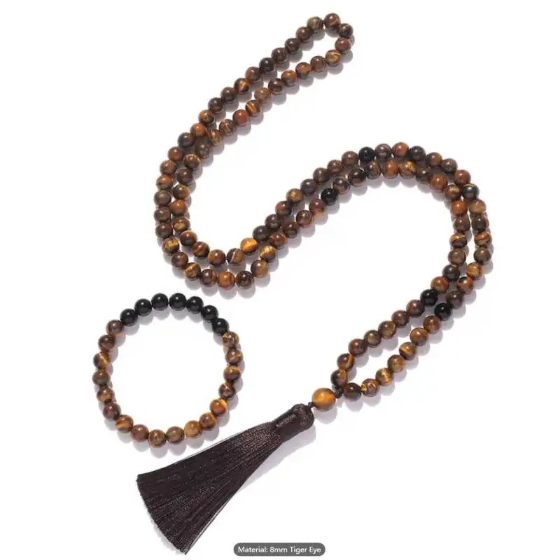 

Natural Tiger's Eye 108 Beads Mala Necklace Set with Black Obsidian Bracelet Brown Tassel Spiritual Jewelry