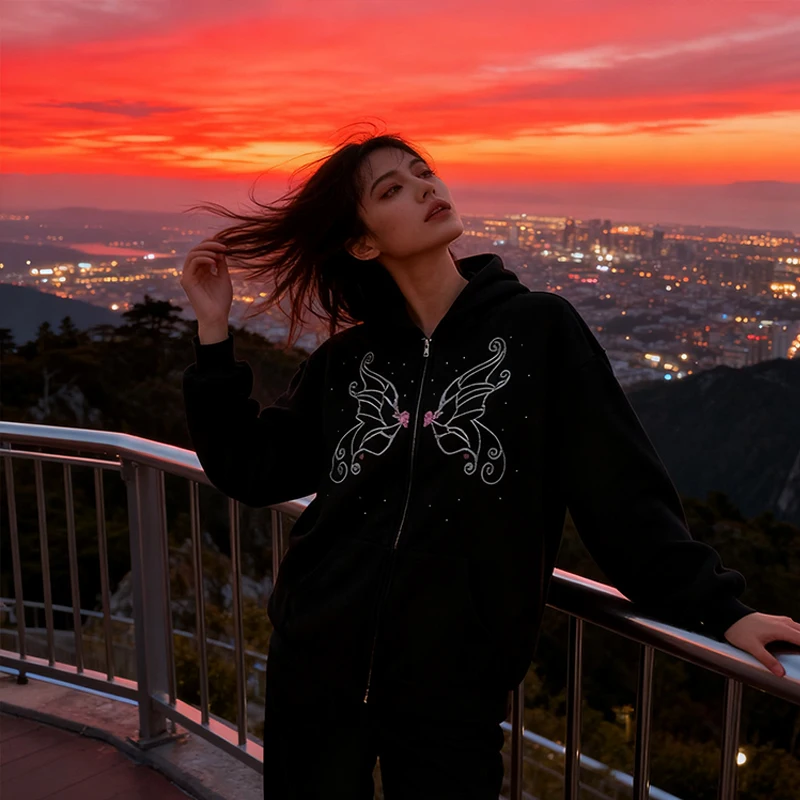 Grafica con strass a farfalla gotica Harajuku Hip Hop ﻿   Streetwear Giacche moda donna Cappotto Punk Y2k Felpa con cappuccio vintage con zip nera