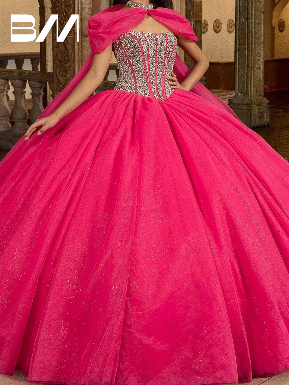 Vestido de baile de tule com lantejoulas, vestido quinceanera com capa de strass, luxo, doce 15 16, vestido de baile, plus size, vestidos de coquetel