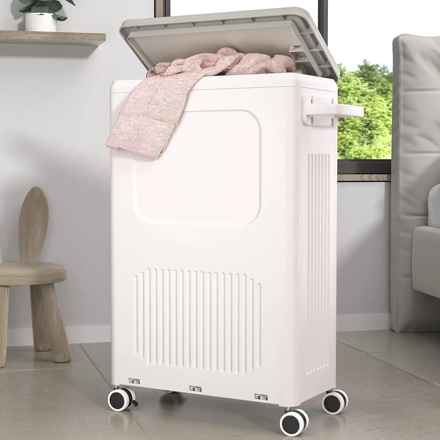 

Slim Laundry Hamper with Lid, 50L Plastic Tall Basket with Wheels, Compact for Narrow Spaces, Easy Transport