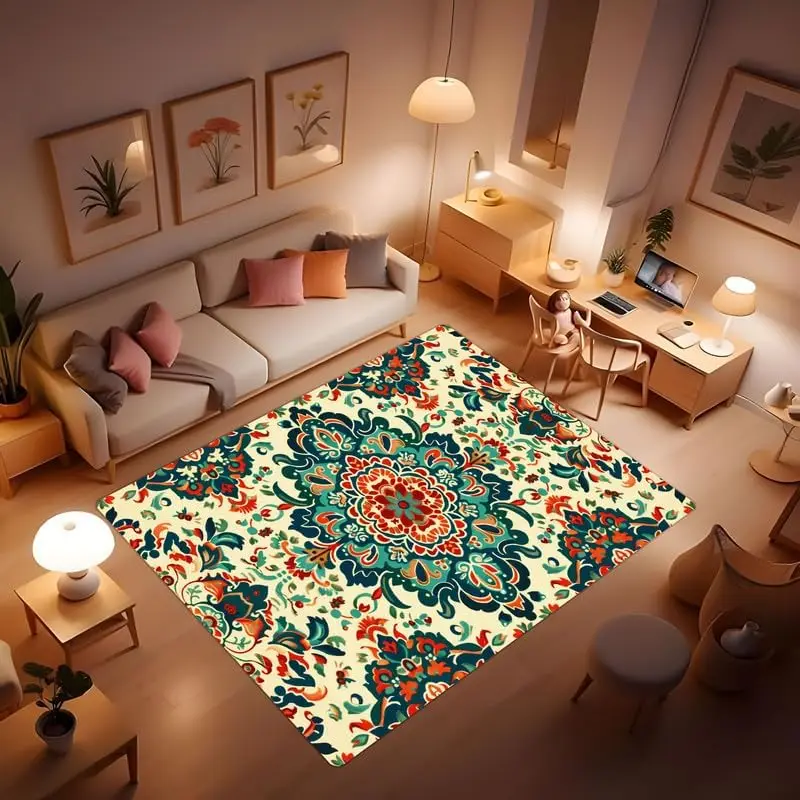 Moroccan Floral Totem Colorful Rug, Modern Geometric Bohemian Area Rug Neutral Indoor Floor mat - Cream Non-Shedding Bedroom