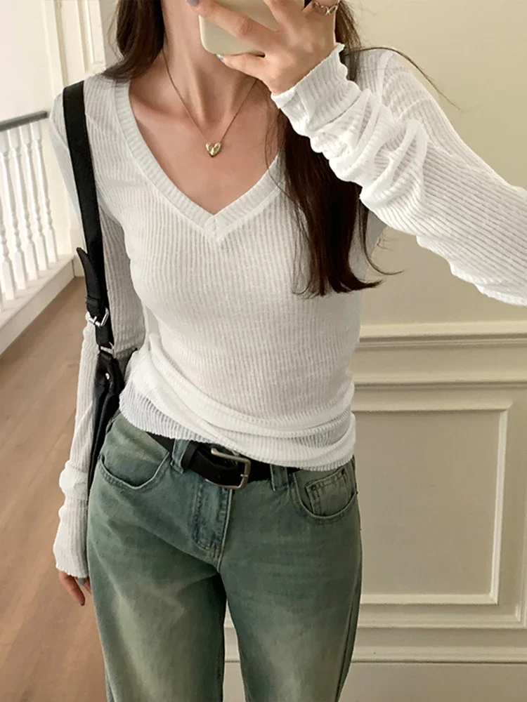 Dark Grey Sexy V-neck Knitting Street Slim Female T-shirts Classic Solid Color Simple Autumn Casual Long Sleeves Women Clothes