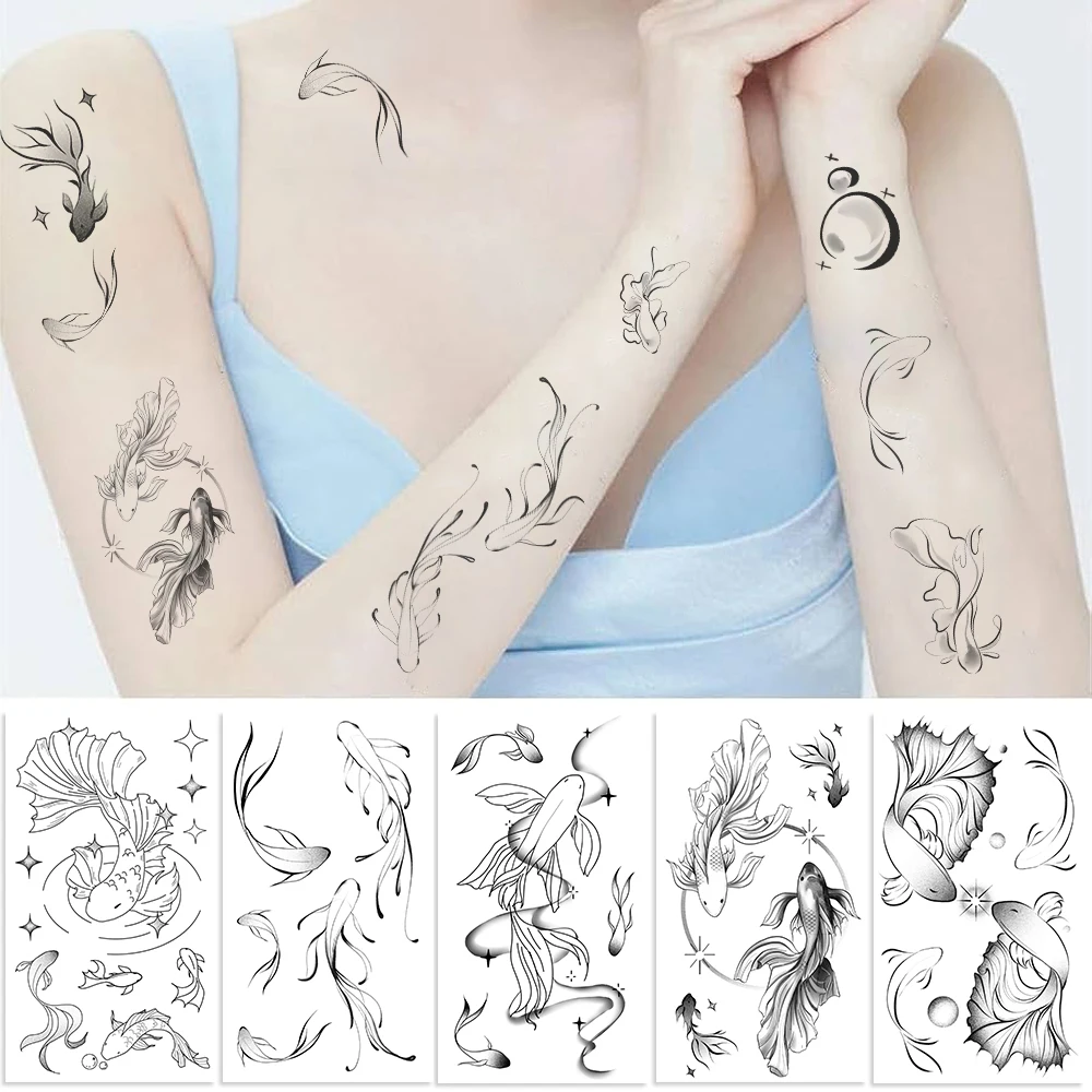 10 Sheets/Set Water Transfer Fake Tattoo Sticker Black & White Carp Fish Tai Tatoo Art Waterproof Temporary Flash Tatto