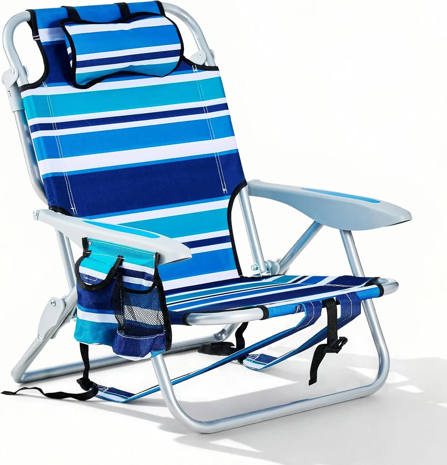 

Portable Beach Chair for Adults, Outdoor Camping with 5 Positions, Headrest, Cup Holder, Heavy Blue Striped