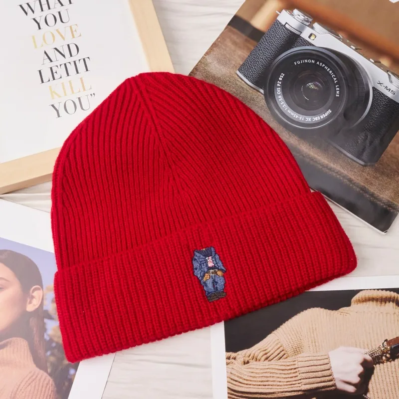 ​​Chic Single Roll Brim Beanie 2025 for Men Women Embroidered Bear Design Warm Acrylic Wool Blend Hat Unisex Gift Free Ship