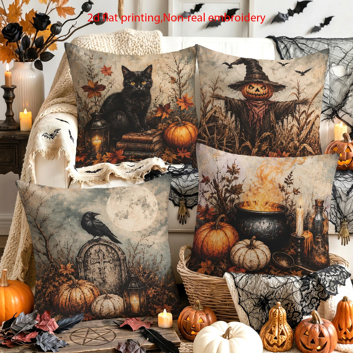 4PCS Pink Black Halloween Throw Pillow Covers, Spooky Season Witch Cat Owl Haunted House Decorative Pillow Cases for Sofa Couch