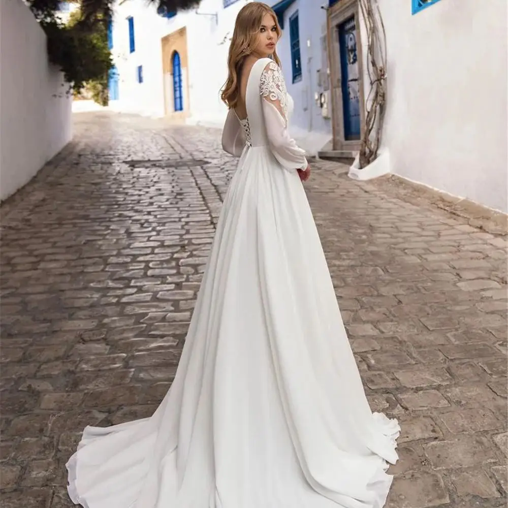 V-Neck Long Sleeve Bridal Trailing Wedding Dresses for Bridesmaid Party Banquet Vacation Prom Cocktail Evening Gowns