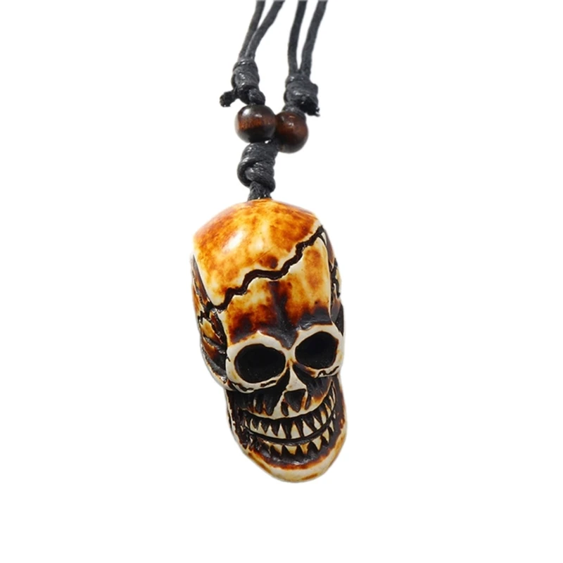 S1Y1 Gothic Bone Skeleton Head Skull Pendant Necklace Adjustable Wax Cord for Men Women Halloween Gift Hip Hop Party Jewelry