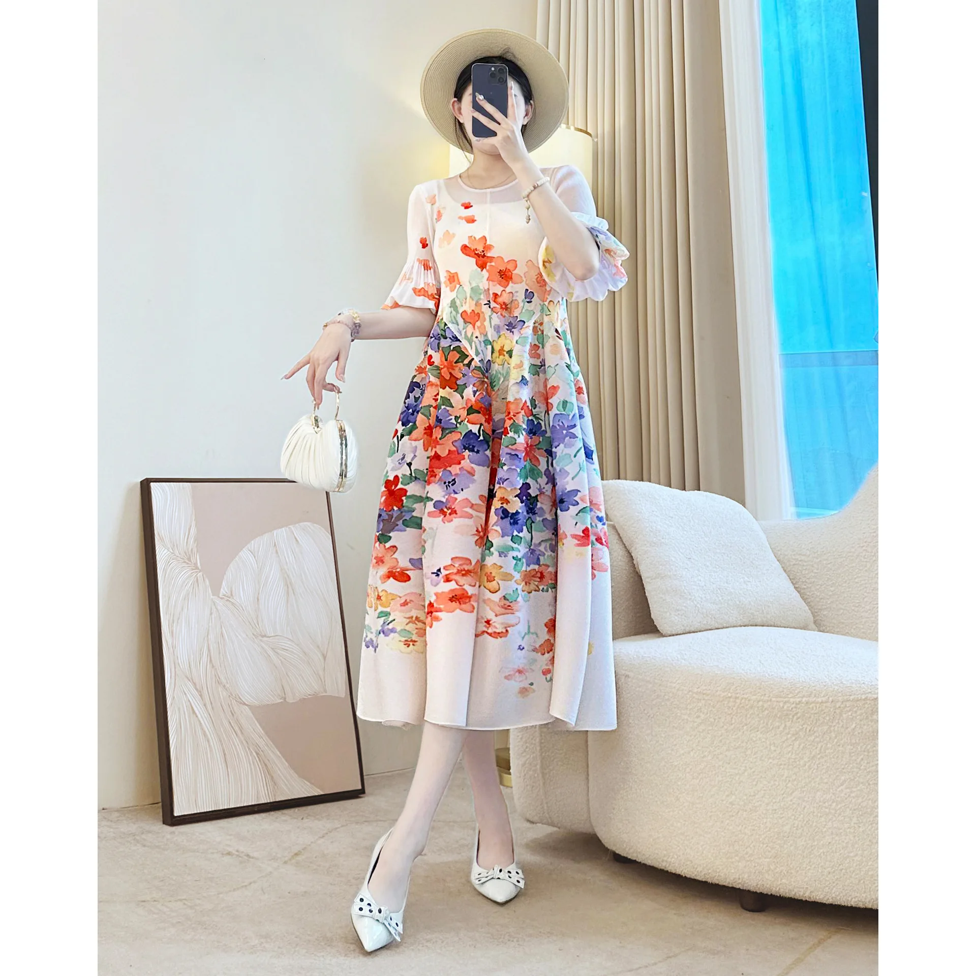 Miyake Elegant Plant Floral Printing Pleated Women's Dress Chic New Round Collar Lantern Sleeve Elastic Loose Casual Dresses