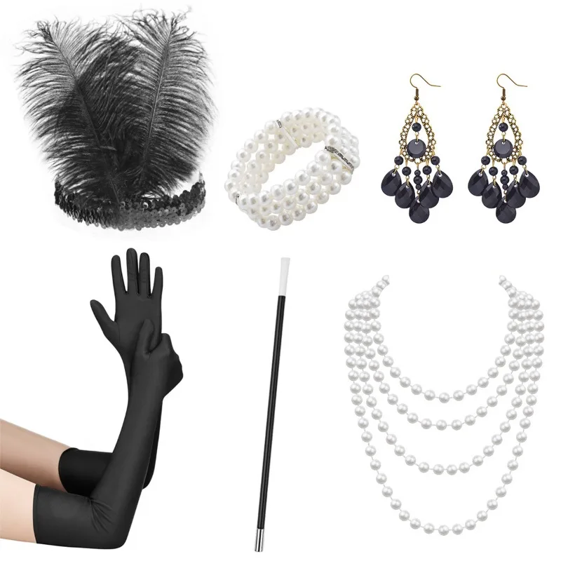 6pcs 1920 Gatsby Accessories Ball Party Christmas Halloween Set Hair Band Smoke Rod Gloves Earrings Necklace Bracelet