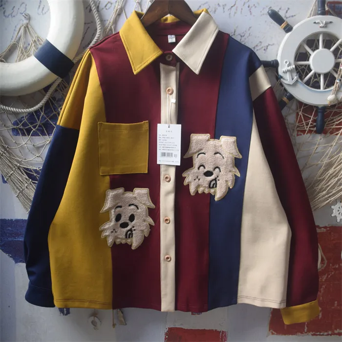 

[Готовый запас] Высококачественная женская блузка из 100% хлопчатобумажной пряжи, рубашка, детский флокированный топ с вышивкой и контрастными рукавами