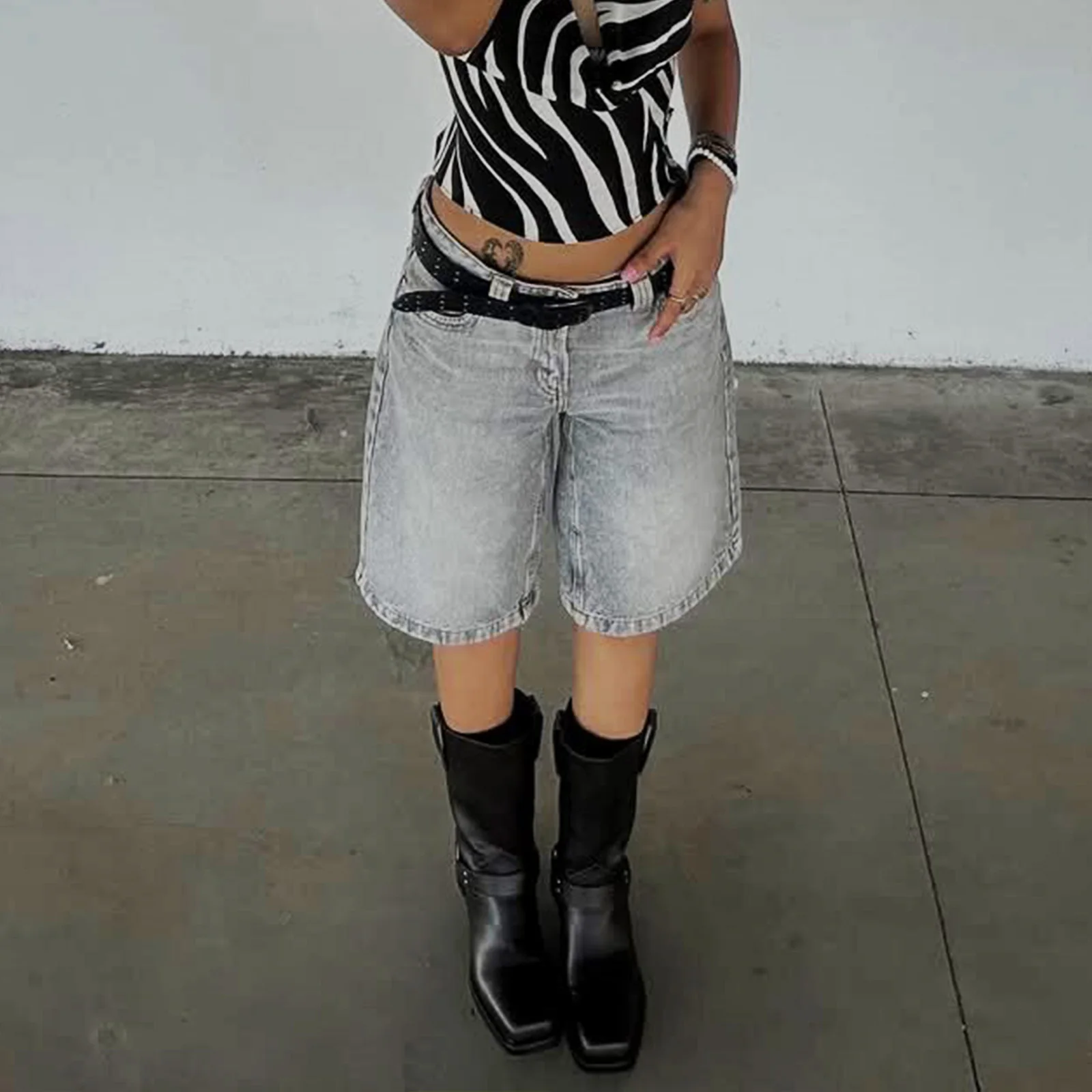 Women y2K Vintage Denim Shorts Casual Vintage Washed Knee Length Jean Short Pants for Vacation Beach Club Streetwear